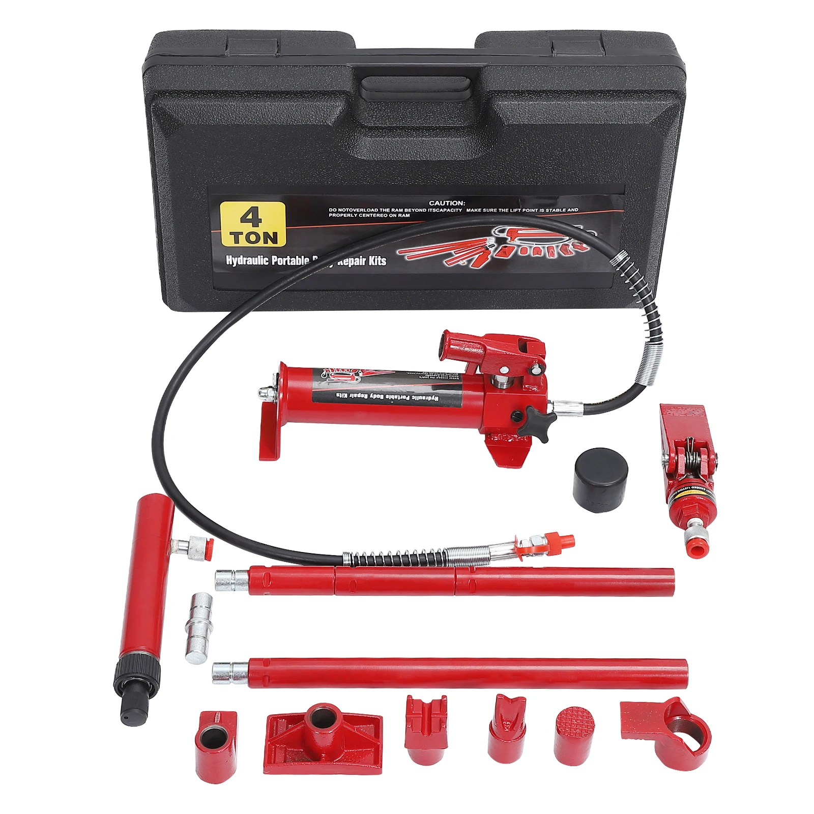 Kit cric idraulico Porta Power - Set per riparazione telaio carrozzeria auto resistente da 4 tonnellate - Accessori per allargamento - Tubo dell'olio da 4,6 piedi - Valigia da trasporto in plastica soffiata, rosso