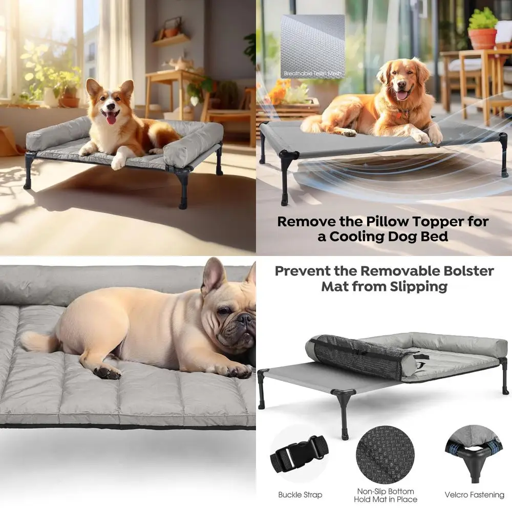 

Elevated Dog Bed with Removable Waterproof Bolster & Breathable Mesh, Indoor/Outdoor, Grey, 32x25 inches