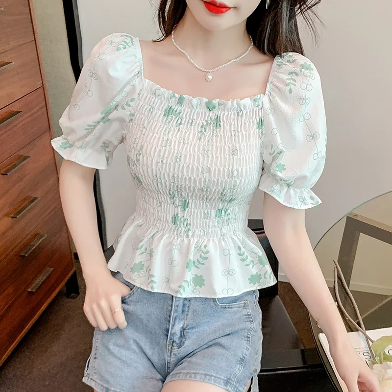 Women Puff Sleeve Tops Sexy 2024 Korean Fashion Off Shoulder Casual Blusas Mujer Elegant Printed Slim Chiffon Blouse Corset Top