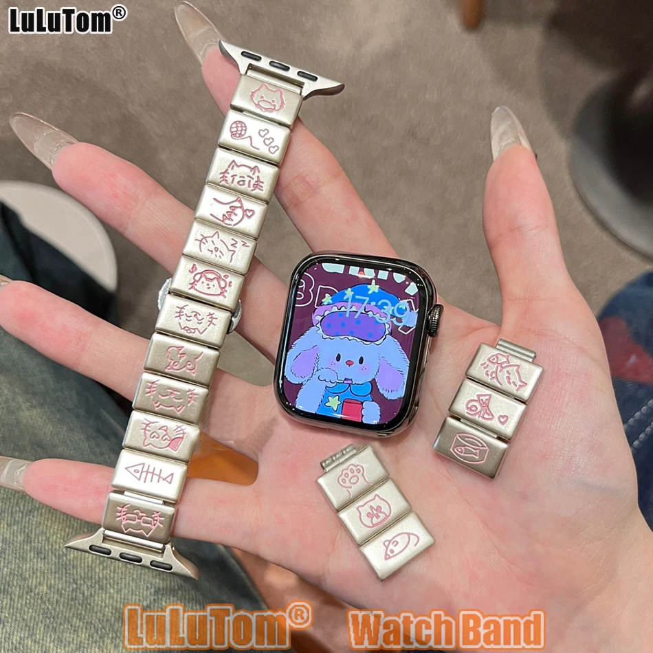 Metal Dynamic Luck Kitten Strap For Apple Watch Band 46mm 38 41 40 44 42 45 49 mm Bracelet iWatch Series 10 9 8 7 6 5 SE Ultra 2