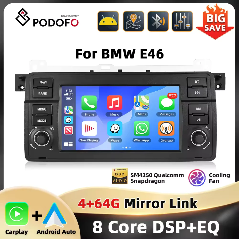 Autoradio Podofo 4+64G 8 cœurs pour BMW 3 E46 Lecteur multimédia Qualcomm Navigation GPS Carplay Android Auto WIFI DSP Audio de voiture