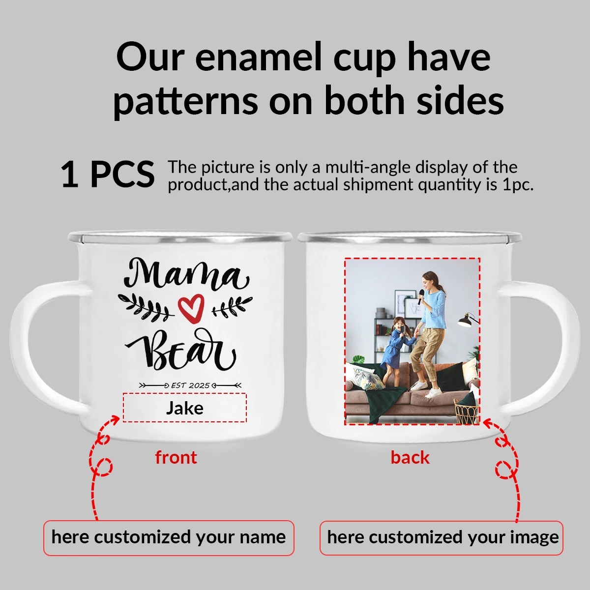 11oz Customized Name Image Print Mama Enamel Cups with Handgrip 1pc White Exquisite Coffee Drink Cups Cold Heat Resistant Mugs