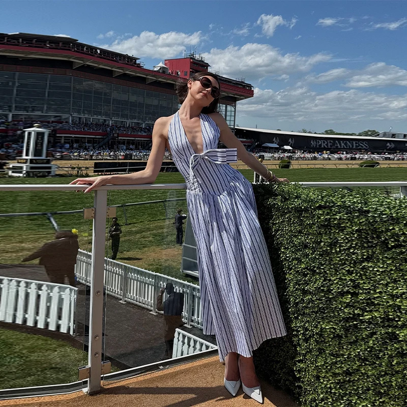 

Chic Solid Striped Halter Maxi Vestidos Women Sleeveless Lace-up Deep V Neck A-line Slim Dress Summer 2025 Party Wear Ladies