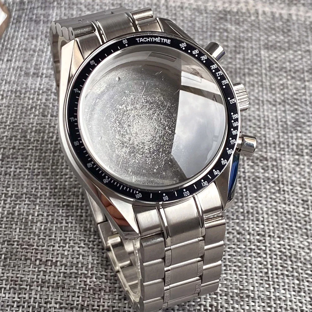 

for Speedmaster 40mm VK63 Silver Watch Case Blue Green Black Silver Insert For VK63 Quartz Chronograph Movement Steel Bracelet