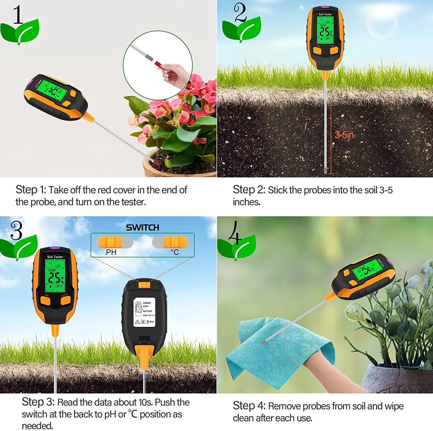 4 in 1 Soil Moisture Meter Digital Plant Temperature Soil Moisture PH Meter Sunlight Intensity Environment Humidity