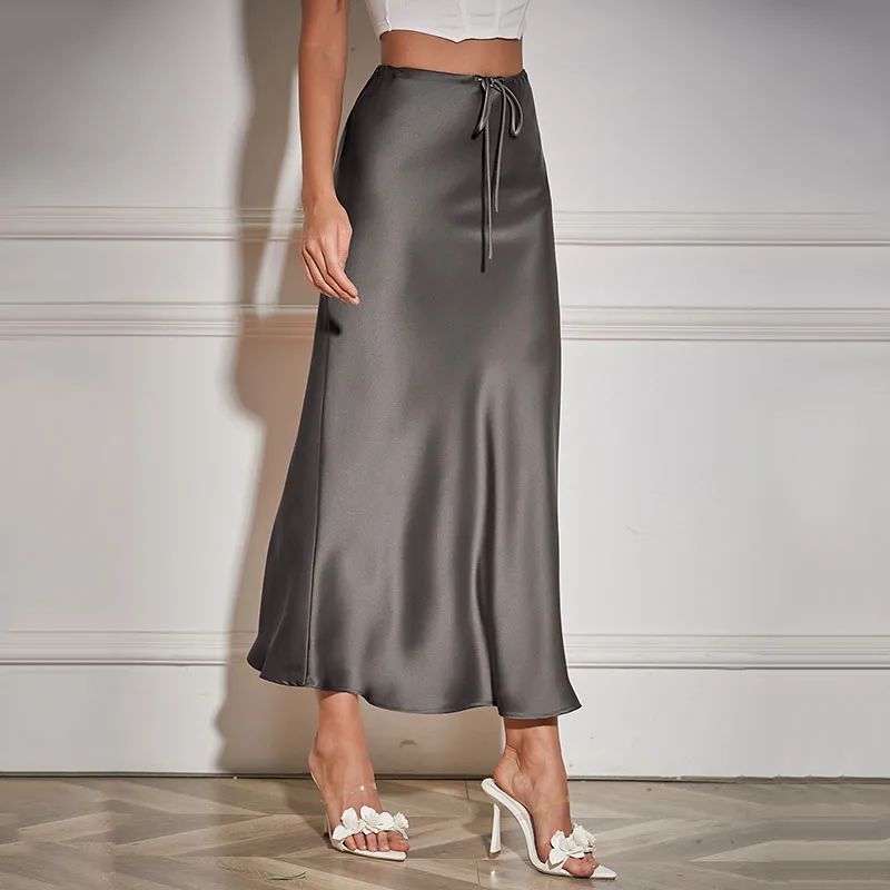 Femmes jupes en Satin élégant taille haute jupes longues pour les femmes couleur unie jupes mi-longues bureau dame haute rue jupes femmes vêtements