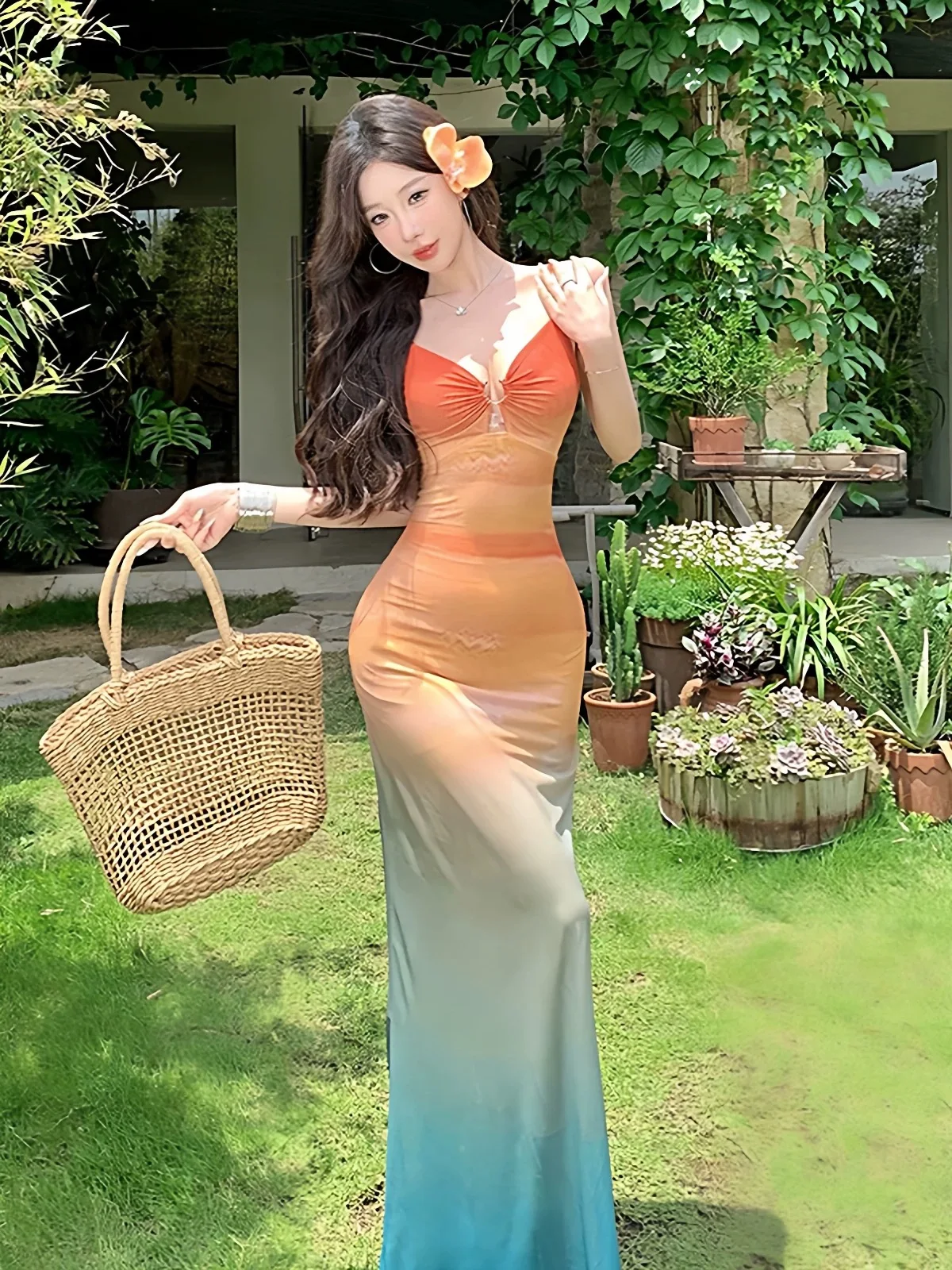 

Holiday Vacation Style Gradient Color Sunset Dyed Net Halter Long Dress Island Vacation Atmosphere Sensation Holiday Beauty