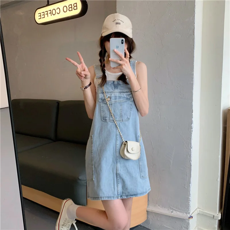 Vestido vaquero con cuello ter para mujer, versátil, estilo coreano, talla ande, falda línea A, cintura hoada, sin man...