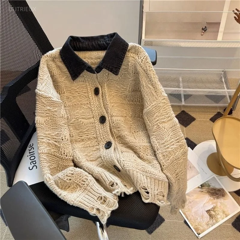 Y2k Holes Cardigans Color Blocking Autumn Winter Woman Sweaters Japanese Style Retro Loose Casual Sueter Mujer