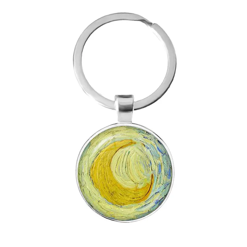 Fashion Van Gogh Art Starry Night Sunflower Keychain 25mm Glass Cabochon Dome Key Rings Keyholder For Women Men Gift