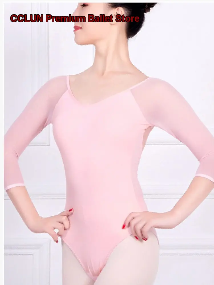 Women's Medium-Sleeved V-Neck Stretchy Mesh Panel Body Suit Art Exam Basic Training Quick-Dry Gymnastics Practice