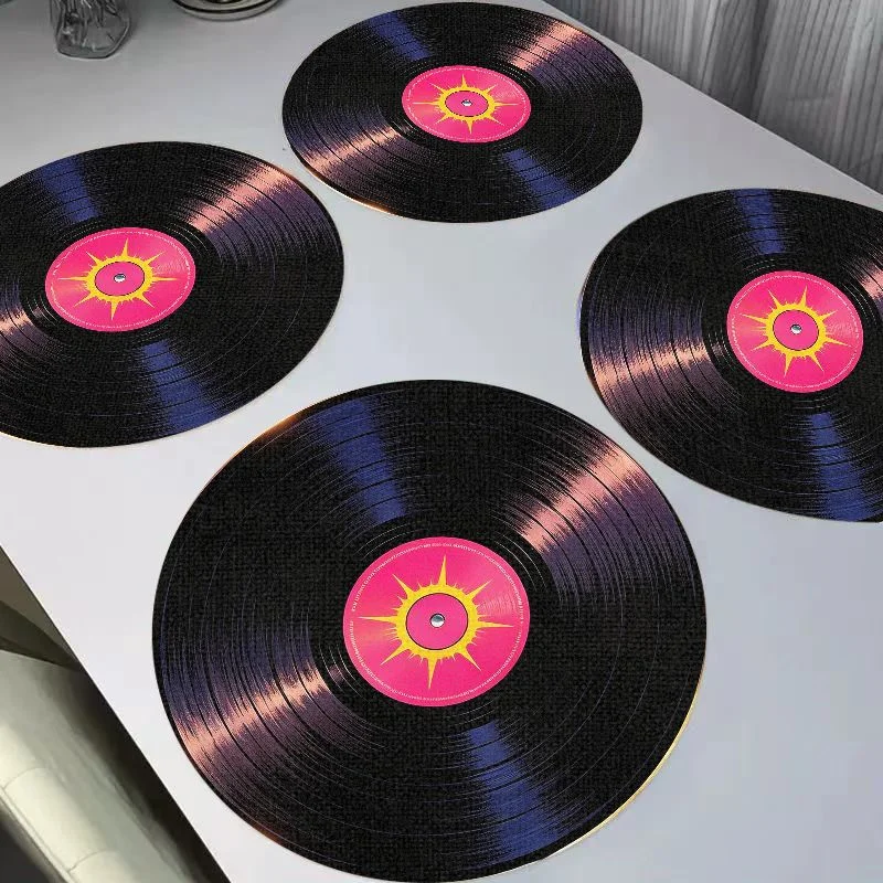 VIKAMA Retro Vinyl Record Circular Linen Placemat Heat-Insulating And Wear-Resistant Dining Table Mat Desktop Decoration