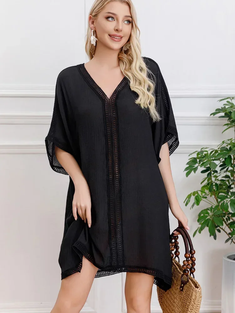 

2025 new Thin Beach Cover-Ups Women Bikini Cover Up V Neck Solid Loose Beach Dress Summer Vacation Fashion Female Beachwear