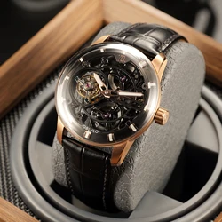 OBLVLO Mens Rose Gold Hollow-out Flywheel Genuine Leather Mechanical Watch Skeleton Tourbillon Manual Winding Man watch IM-TB-B