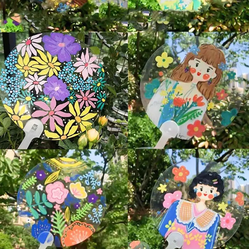 Multi-functional Plastic Transparent Fan Round Handheld Blank Painting Fans Thicken Unfinished Handicrafts DIY