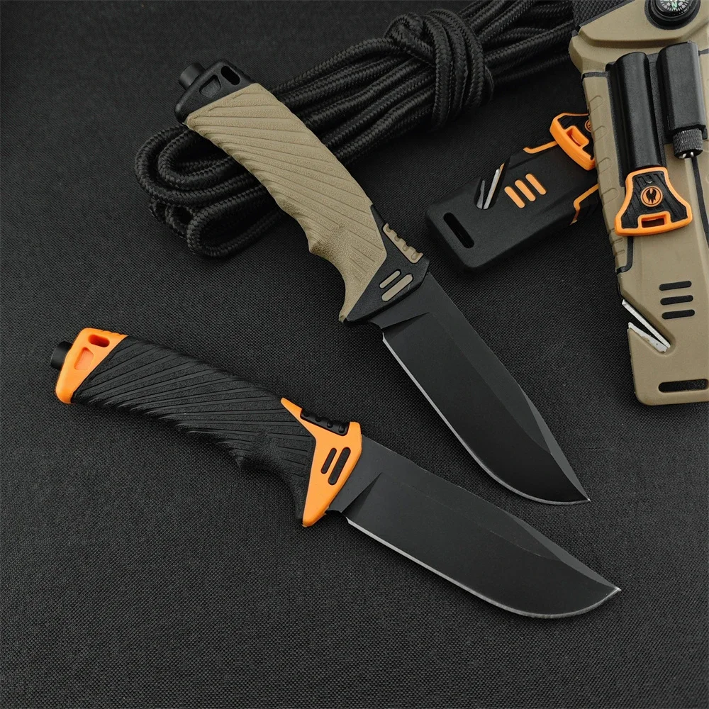 GB Survival Fixed Blade Knives with Flashlight 8Cr13Mov Blade Rubber Plastic Handle Adventure Hunting Combat Gear for Men