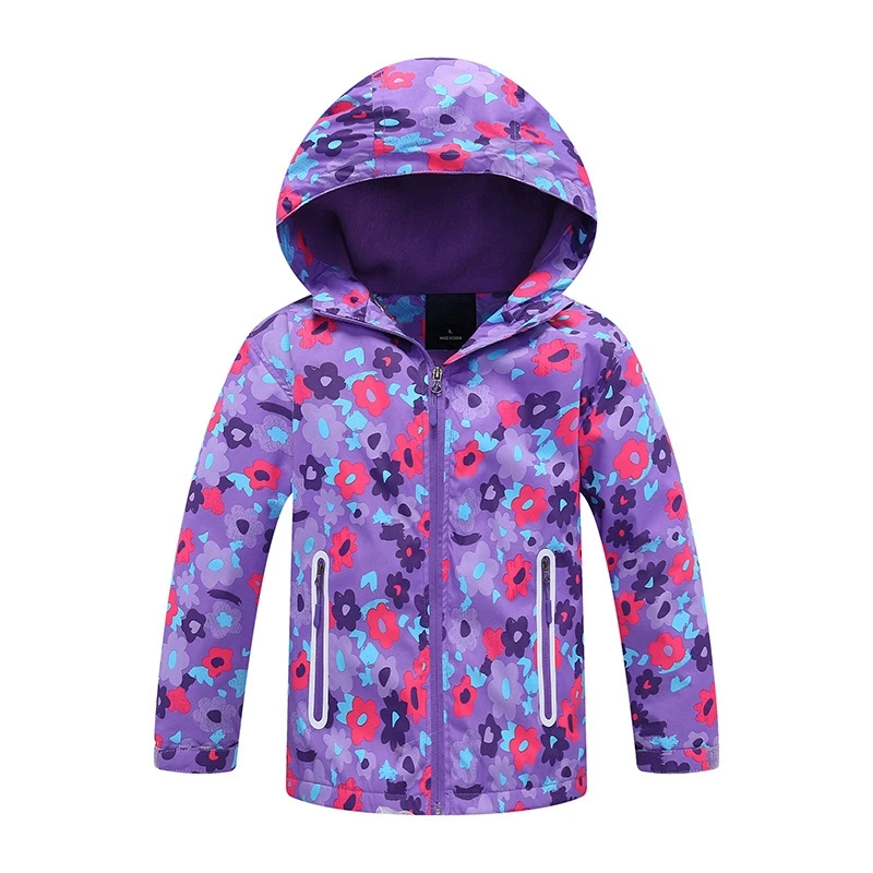 Dubbped Kids Girls Flower Purple Rain Jackets Waterproof Coat Lightweight Hooded Warm Lined Raincoats Reflective Windbreakers