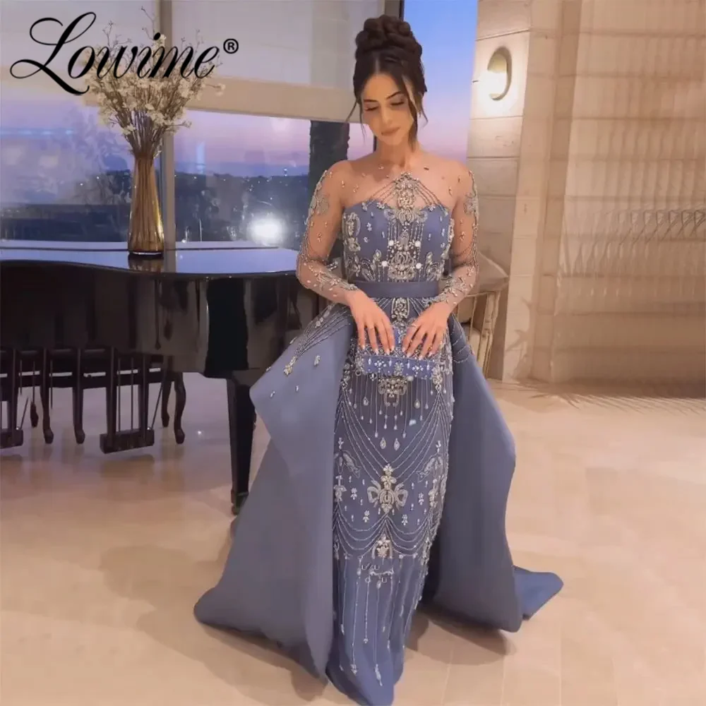 Full Crystal Blue Evening Dresses With Detachable Train 2024 Luxury Arabic Engagement Gowns Wedding Party Dresses Robe De Soiree