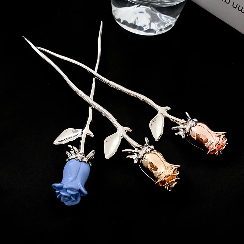 

Fashion Rose Flower Hair Sticks Hairpins for Women Vintage Chinese Style Hair Pins Trendy Metal Glaze Hair Fork Hair Accessories