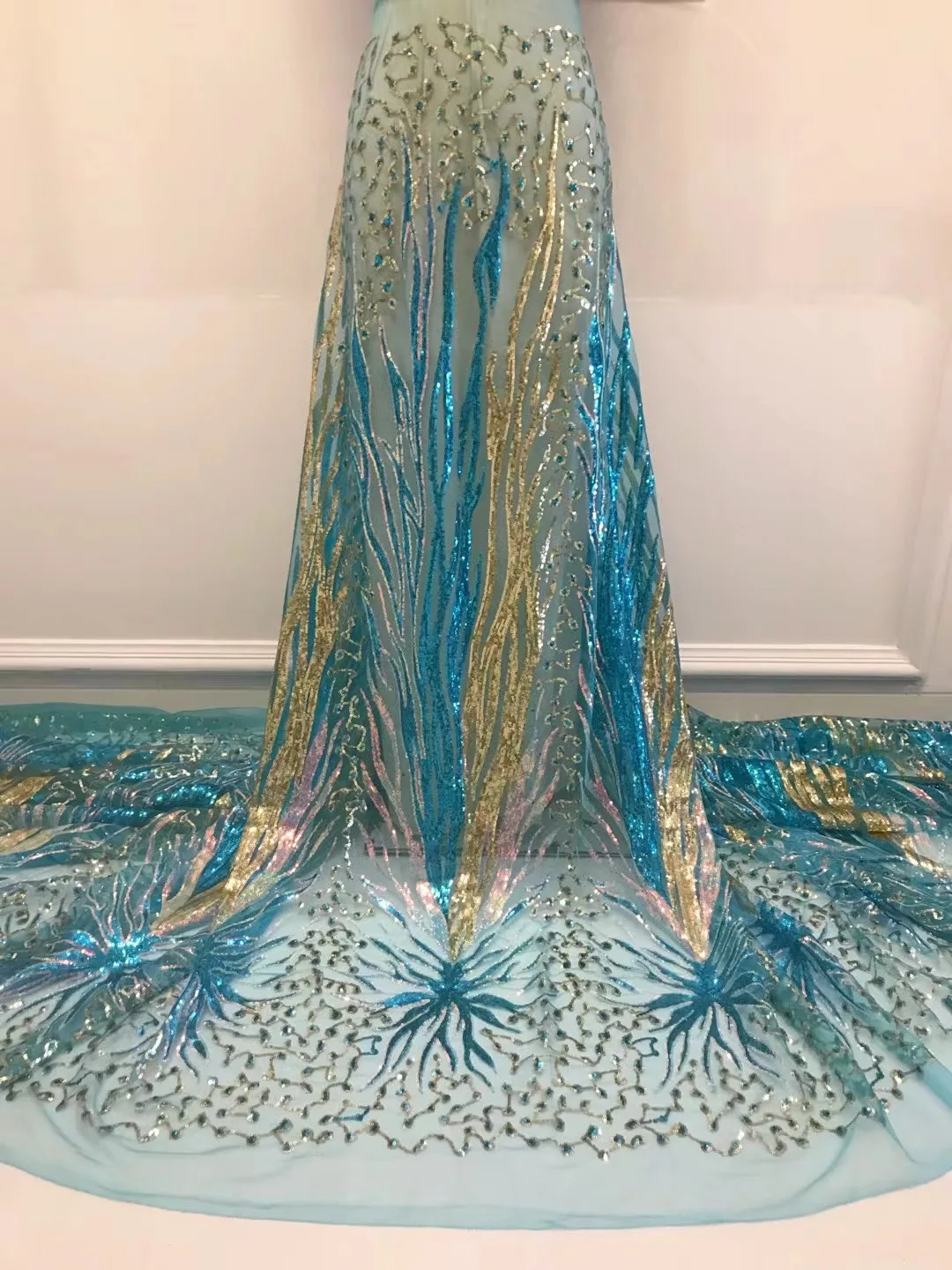 

Middle East Africa Do Lace Material Glued Glitter America For Evening Dress Dry Embroidered Tela Mesh Sequin Mother Dress Fabric
