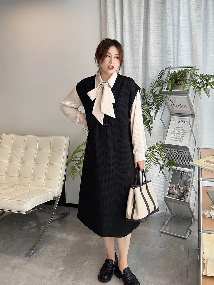 

Vogana Large Size Original Mix-and-Match V-Ne Svel Midi Knitted Vest Dr Korean Sle Color Commute Faion