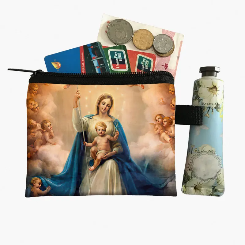 Oil Painting Virgin Mary Print Coin Bag Vintage Religion ID Credit Card Key Earphone Holder Holy Mary Coin Purse Zipper Pouch