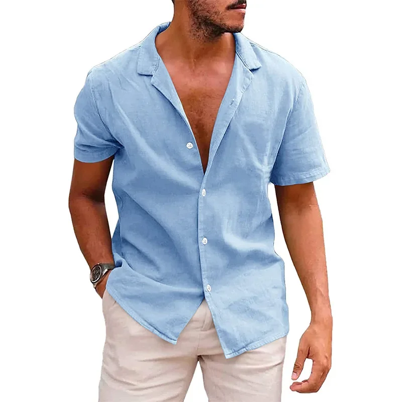 Cotton Linen Hot Sale Men\'s Short-Sleeved Shirts Summer Solid Color Turn-down collar Casual Beach Style Plus Size