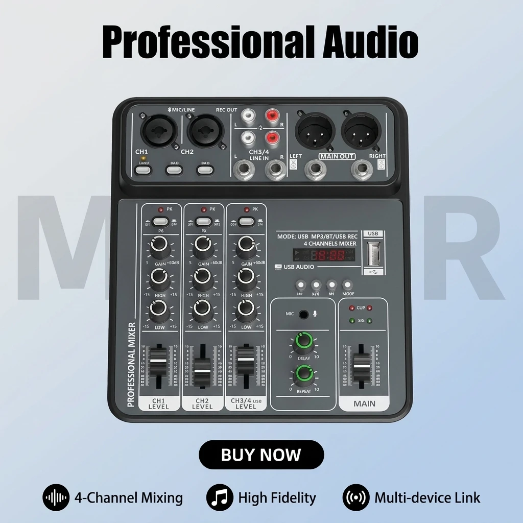 4-Channel Pro Audio Mixing Console, 48V Phantom, USB/Bluetooth, DJ Mixer for Studio, Karaoke & Music