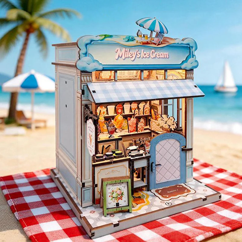 DIY Wooden Miniature Model Kits Miley's Ice Cream Shop Casa 3D Puzzle Doll Houses With Furniture for Friends Birthday Xmas Gifts