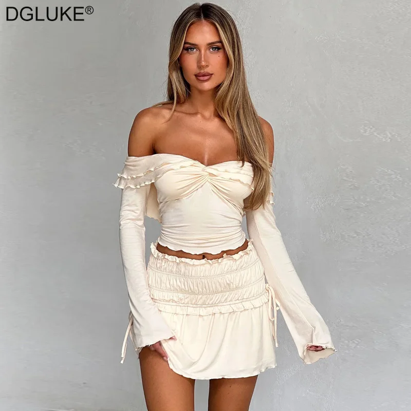 DGLUKE Long Sleeve Top And Mini Skirt 2 Piece Set Fashion Ruffle Holiday Vacation Outfits Woman 2024 New In Matching Sets