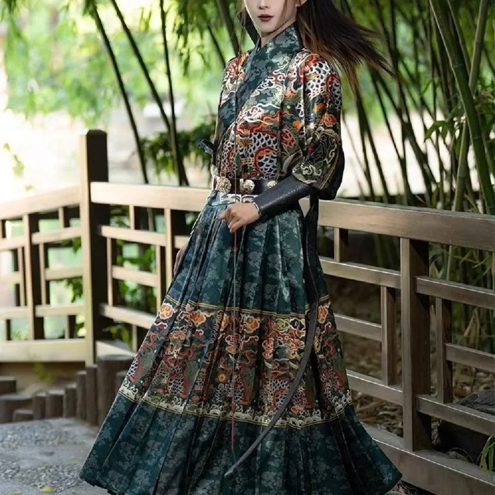 

Dark Green Male Hanfu Ming Dynasty flying fish suit printed stripes drawn pleats traditional Chinese style ancient clothes