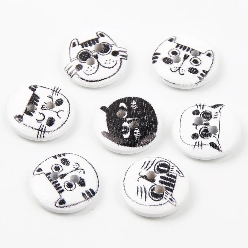 50pcs 15mm Cartoon Cat Wood Buttons Haberdashery Decorative Sewing Buttons For Clothing Needlework Material Sewing Accessories