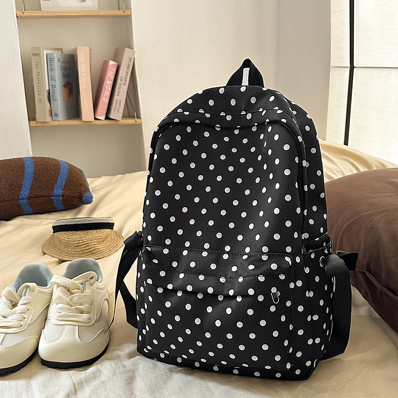 Korean Style Polka Dot Backpack Women Sweet Bow Decor School Bag Lightweight Canvas Rucksack Casual Travel Daypack