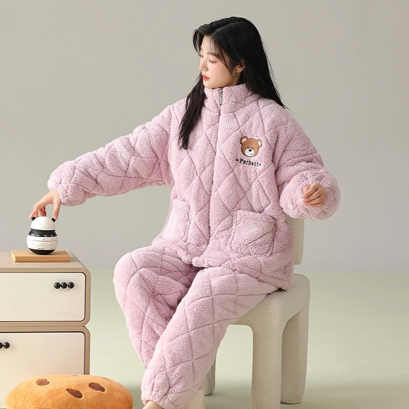 Winter Pajamas Flannel Thick Warm Women's Sweet Cartoon Casual Long Sleeve Zipper Homewear Coral Velvet Softness Woman Sleepwear