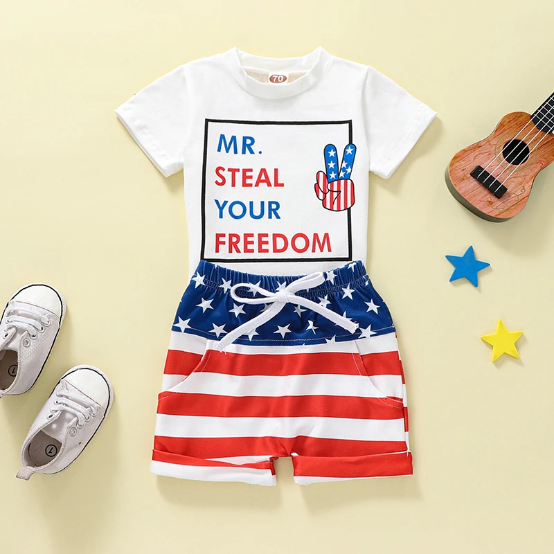 2023-03-31 Lioraitiin 0-3Years Independence Day Baby Boys Outfits Summer Letter Print Short Sleeve T-Shirt Star Stripe Shorts