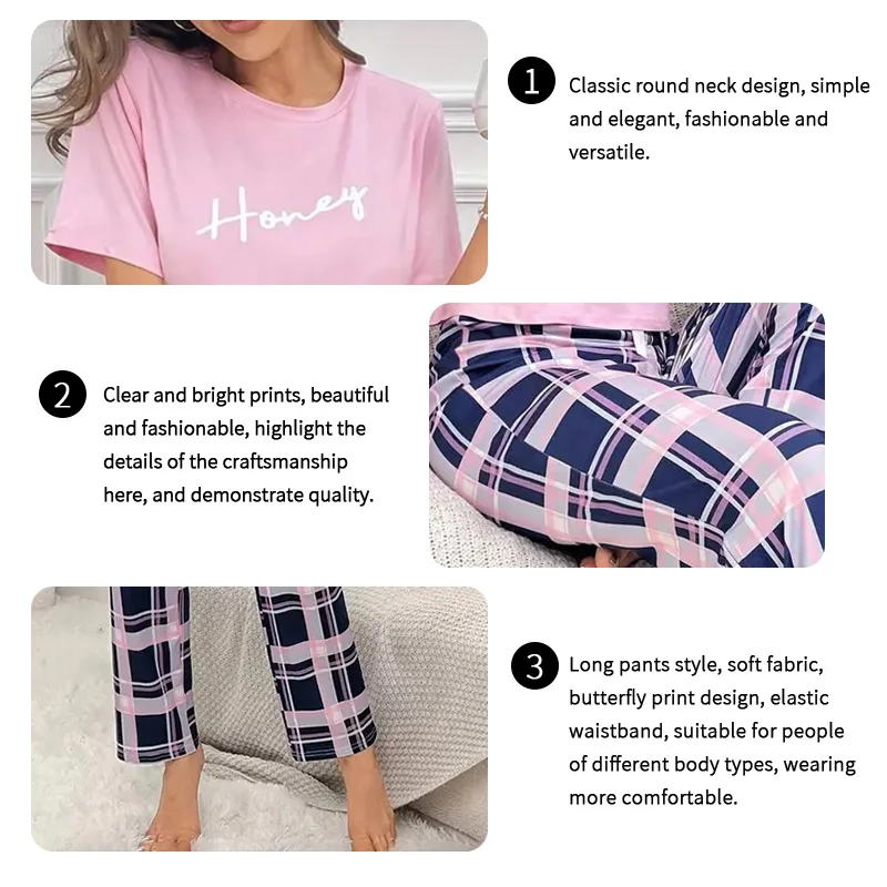 Women\'s Pajama Pj Set Letter Print Short Sleeve Top & Plaid Print Pants with Bow Details Casual Sleepwear for Adults All Seasons