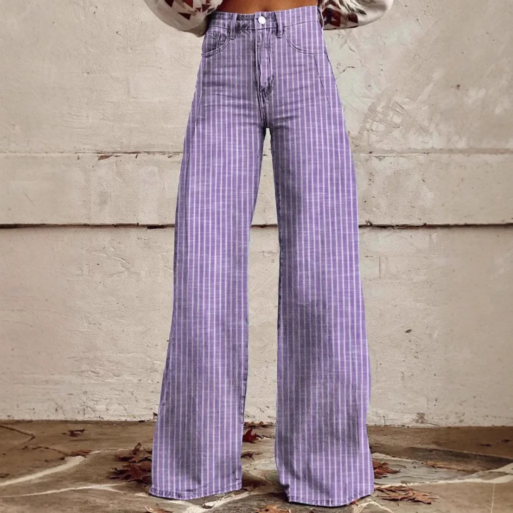 European and American New Fashionable Striped Wide-leg Jeans, Women's Four Seasons New Casual High-waisted Floor-length Jeans