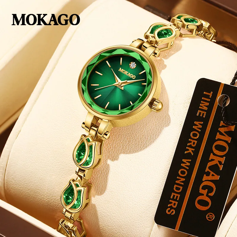 Mokago m8147 moda feminina pulseira relógio movimento de quartzo sol padrão dial cobre pulseira pedra preciosa 3atm presente à prova dwaterproof água