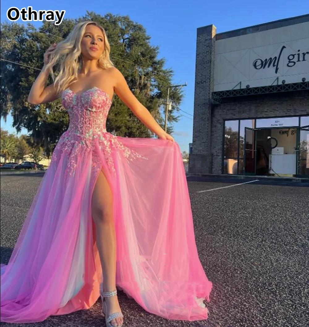 Othray Sweet Pink Prom Dresses Lace Applique Split Girl Evening Gowns Mixed Color Birthday Party Robe  Engagement Robe De Soiree