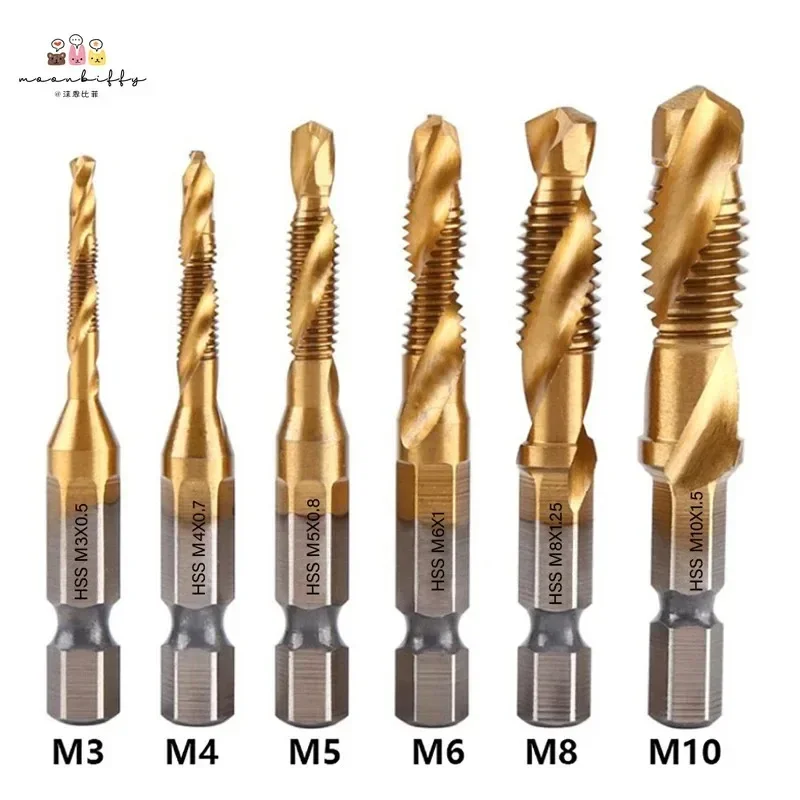 6pcs Tap Bit Set Hexagonal Shank Titanium Plated High Speed Steel Thread Screwdriver Compound Tap M3 M4 M5 M6 M8 M10 Hand Tool