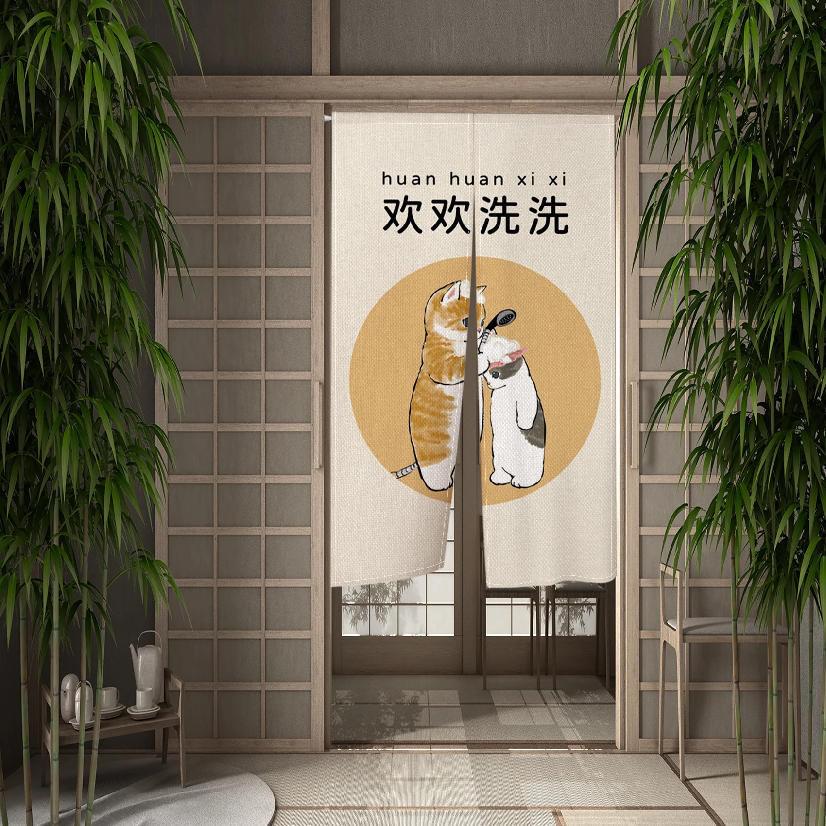 Funny Cat Japanese Door Curtain Cute Cat Bedroom Living Room Doorway Curtain Drape Kitchen Entrance Hanging Half-Curtain