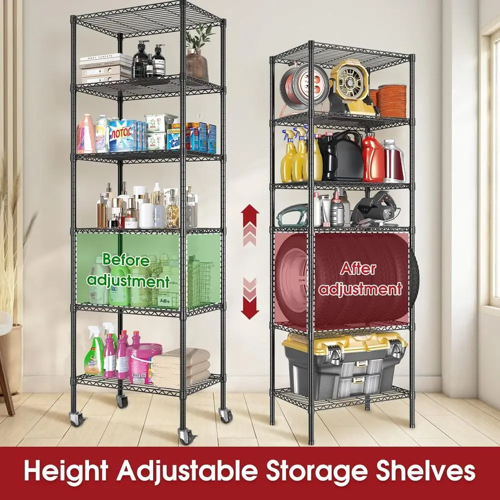 6-laags heavy-duty rollende draadplanken, 14x24x71, capaciteit van 750 lbs, ruimtebesparend opbergrek voor garage, kast, keuken