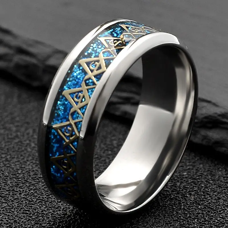 Blue Gold Color Masonic Stainless Steel Titanium Band Men Ring Cool Black Freemason Male Rings Fashion Charm Jewelry Accessories