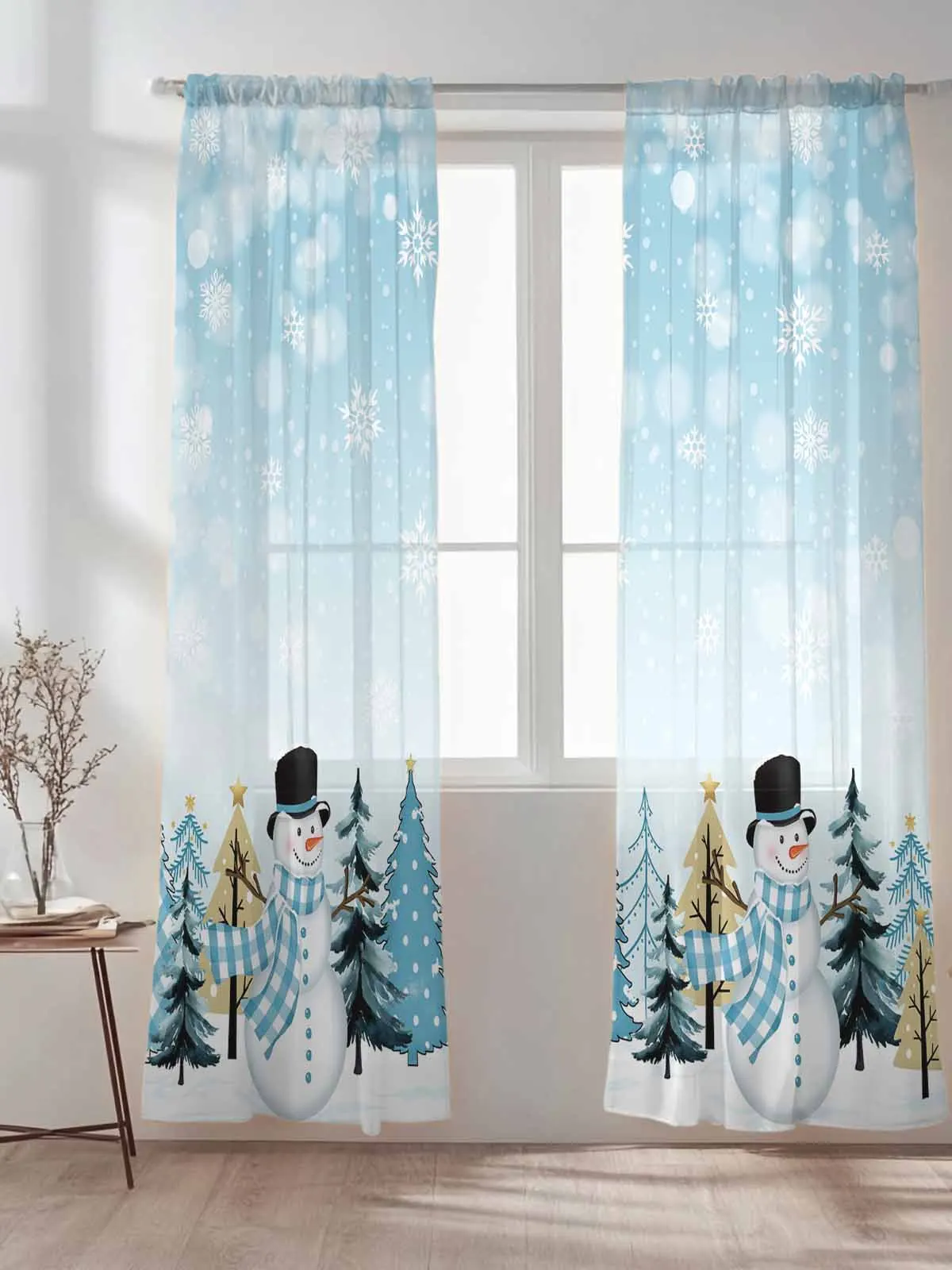 

Gradient Blue And White Snowman Tulle Sheer Curtains for Living Room Bedroom Kitchen Decoration Voile Organza Curtains