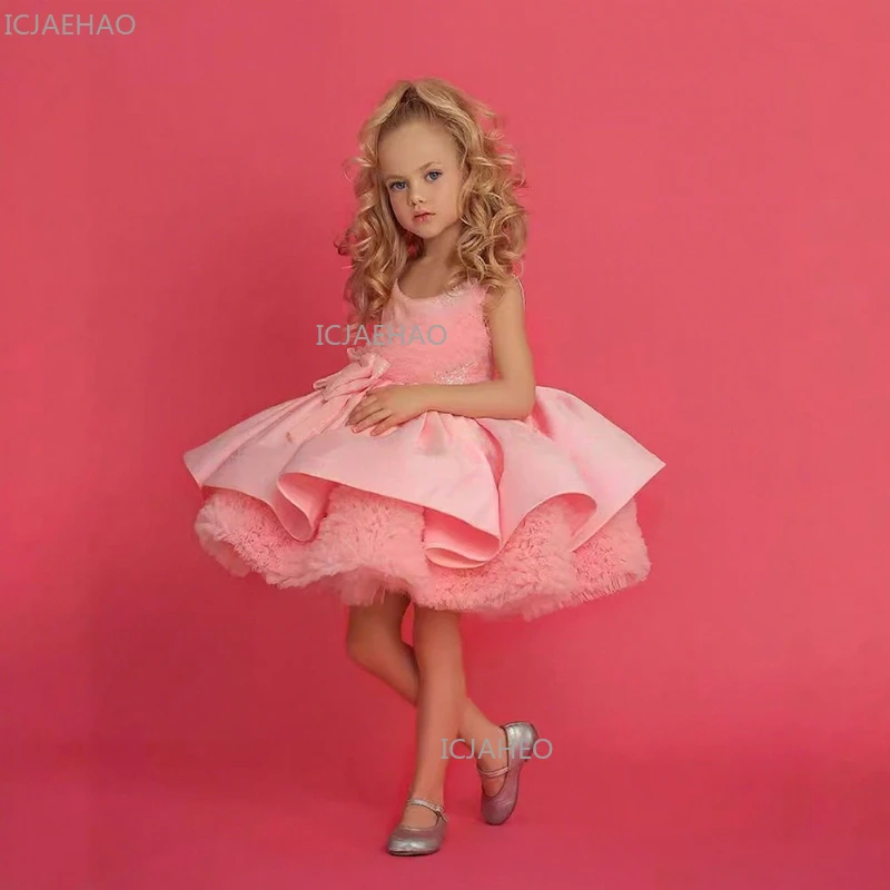 Pink Girls Spaghetti Strap Dress Bow Sweet Costume Children Model Pageant Tutu Skirt Party Outfit Formal Celebration Dresses