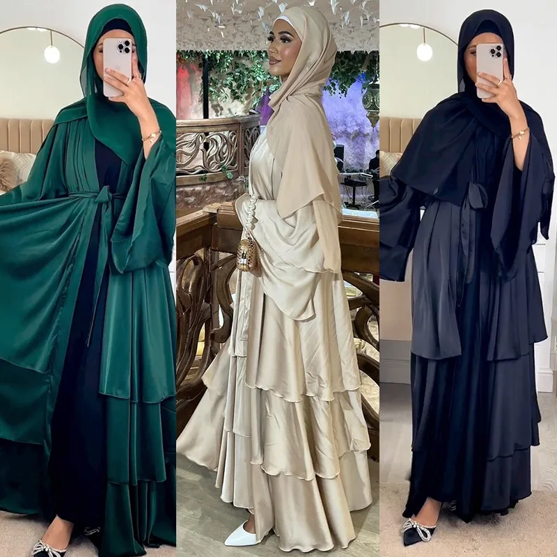 

Dubai Modest Abaya Kaftan - Tiered Skirt Open Front V-Neck with Belt, Matte Finish for Celebration