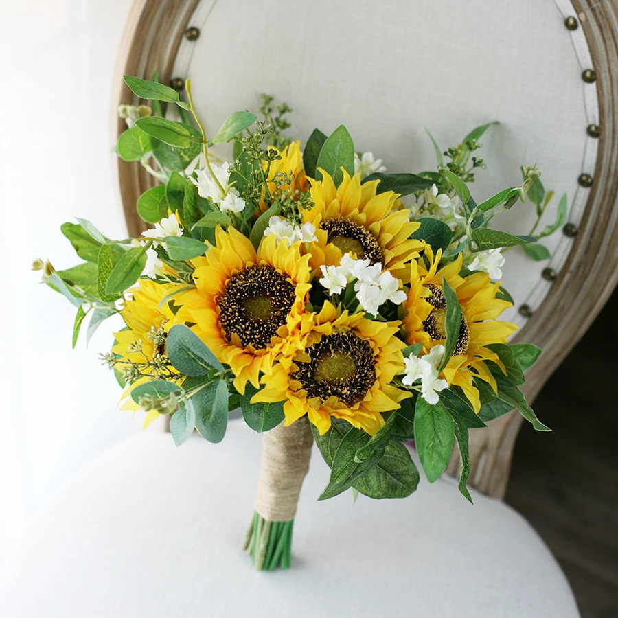 PEORCHID Sunflower Wedding Bouquet Ramos Artificial Novia Brides Hand Holding Flowers Small Bouquet For Bridesmaids Gift