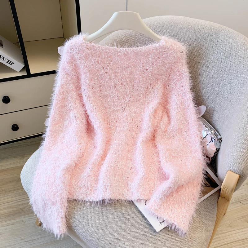 Rosa tridimensional prego grânulo flor camisola feminina outono inverno novo doce macio versátil o-pescoço camisola de malha topo s208