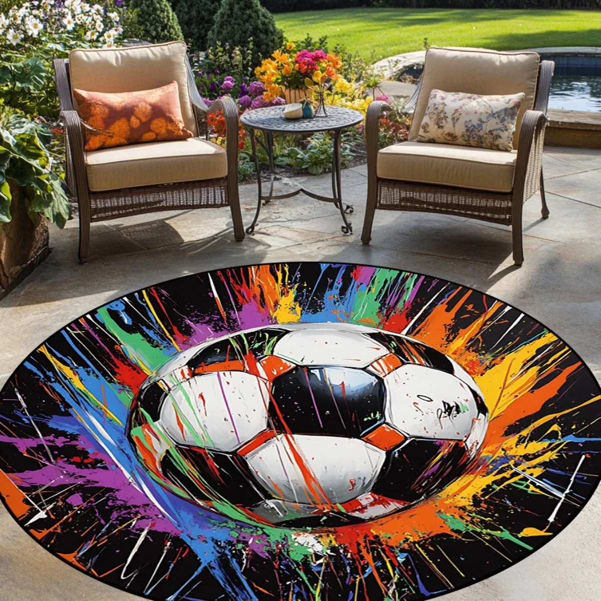 Sport Circular Floor Mat Bold Multicolor Paint Splash Soccer Ball Graffiti Printed Round Rug for Indoor Outdoor Sport Decor