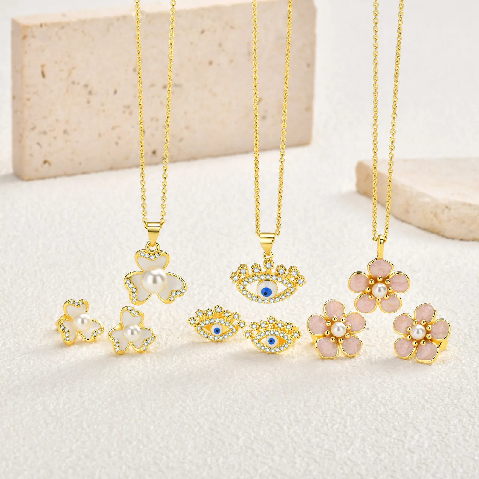 

Fashion Bohemian Spring Flower Pendant Necklace with Stud Earring Set, Pearl and Cubic Zirconia Jewelry for Women
